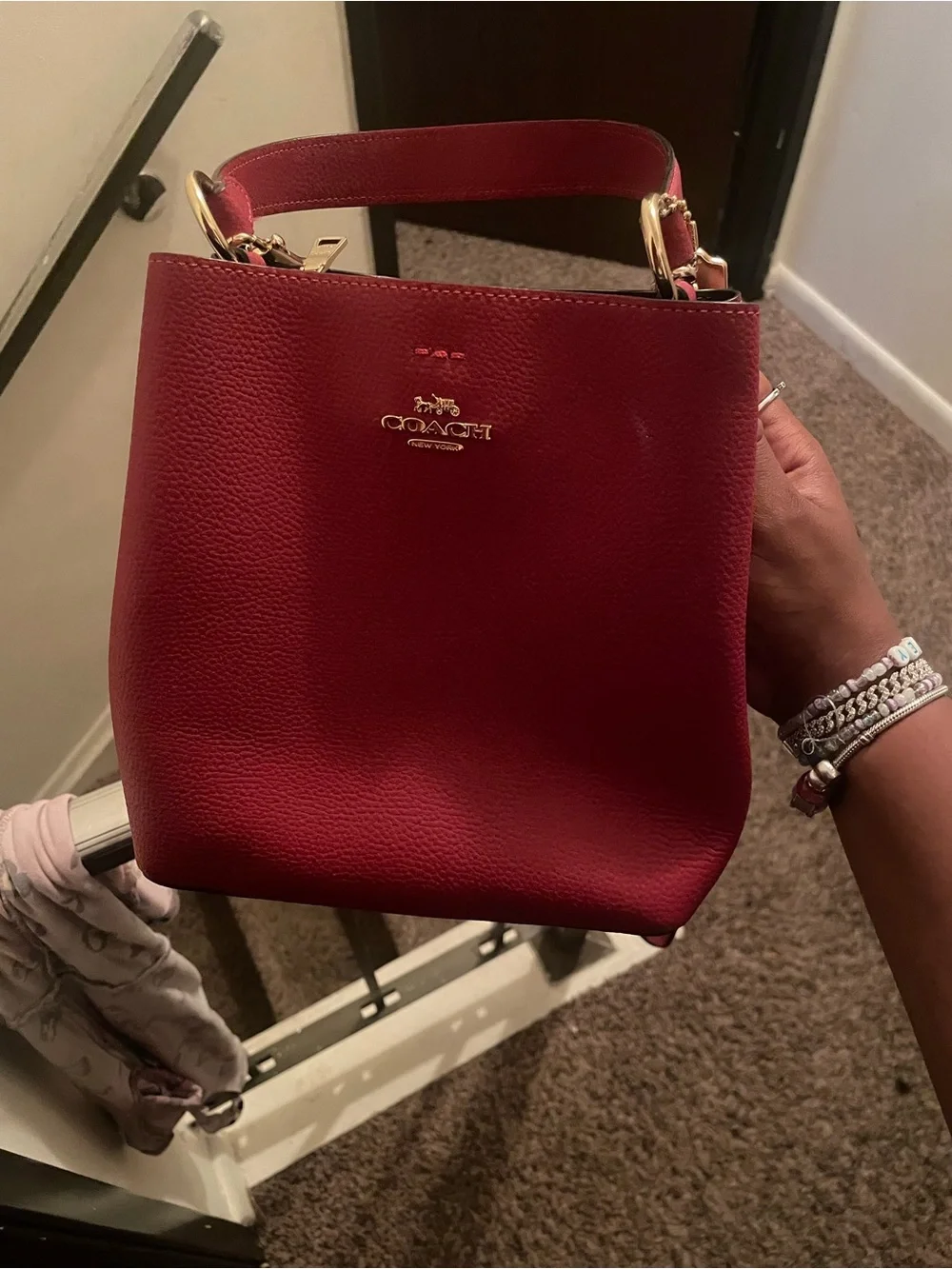 Coach Red Pebbled Leather Top-Handle Satchel with Gold Hardware
